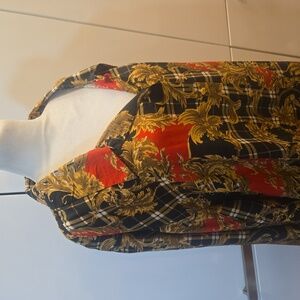 VTG 100% Silk Plaid Maximalist Button Down Blouse Top Black Red Size 22 24 2X